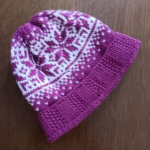 Hand Crafted Handknit Magenta & White Scandinavian Motif Beanie Hat Adult OSFM